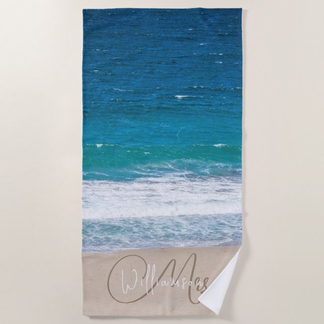 Toalha De Praia Casamento de Blue Beach Waves Tropical Name (Frente)