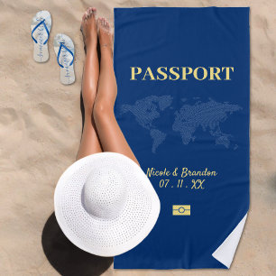 Toalha De Praia Casamento de Destino com Passaporte Azul e Amarelo