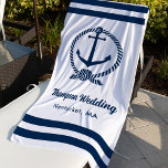 Toalha De Praia Casamento Personalizado Da Âncora Do Marinho Branc<br><div class="desc">O favor de casamento em toalha de praia náutica em formato vertical apresenta uma âncora elegante de barco emoldurada por uma corda pontilhada e acentuada com faixas horizontais pré-definidas. Personalize o texto personalizado com seu monograma de casamento e o local de destino. O design inclui um esquema clássico de cor...</div>
