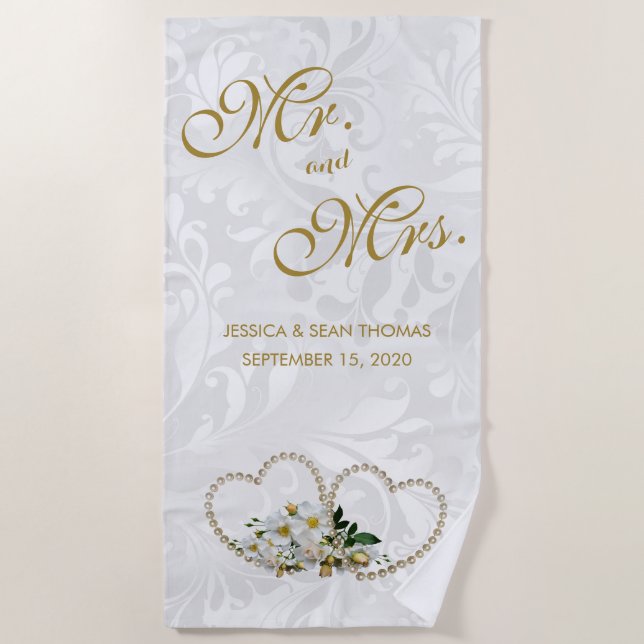 Toalha De Praia Casamento tema damasco dos corações & das flores (Frente)