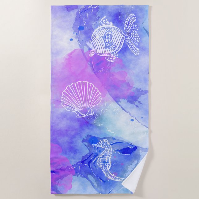 Toalha De Praia Casca De Peixes Do Mar De Cavalo-De-Mar Sobre Azui (Frente)