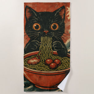 Toalha De Praia Cat Ramen Japonês Engraçado Gráfico Kawaii
