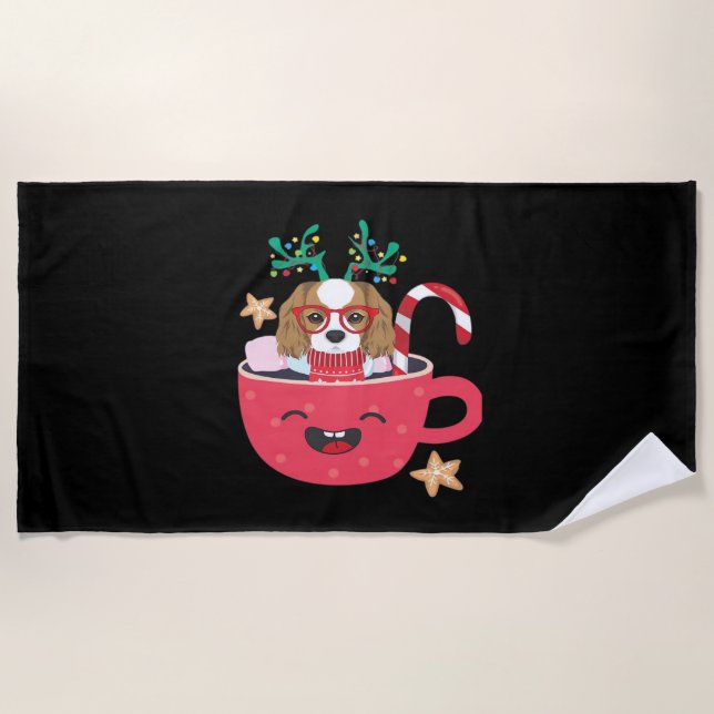 Toalha De Praia Cavalier King Charles Spaniel Teacup Xmas Holiday  (Frente)