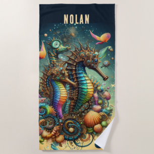 TOALHA DE PRAIA CAVALOS-MARINHOS COLORIDOS E FANTASTICOS ESTEAMPUN