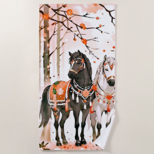 Toalha De Praia Cavalos numa Floresta Vermelha