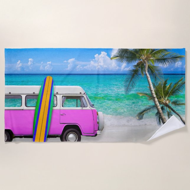 Toalha De Praia Cena de Praia com Fuchsia Pink Van e Surfboard (Frente)