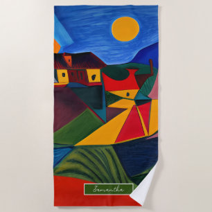 Toalha De Praia Cenário de aldeia abstrata colorida personalizada 