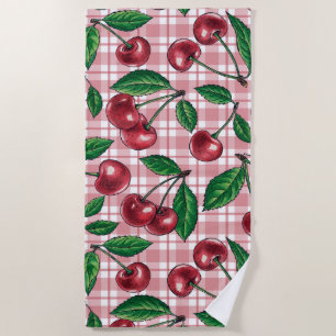 Toalha De Praia Cerejas vermelhas em gingham rosa