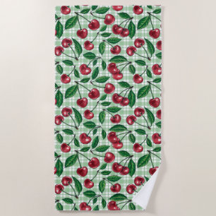 Toalha De Praia Cerejas vermelhas em gingham verde-claro