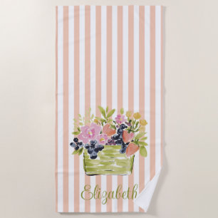 Toalha De Praia Cesto de Frutas e Flores em Aquarela sobre Listras