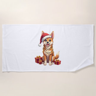 Toalha De Praia Chapéu de Natal engraçado com luzes Tamaskan Dog C