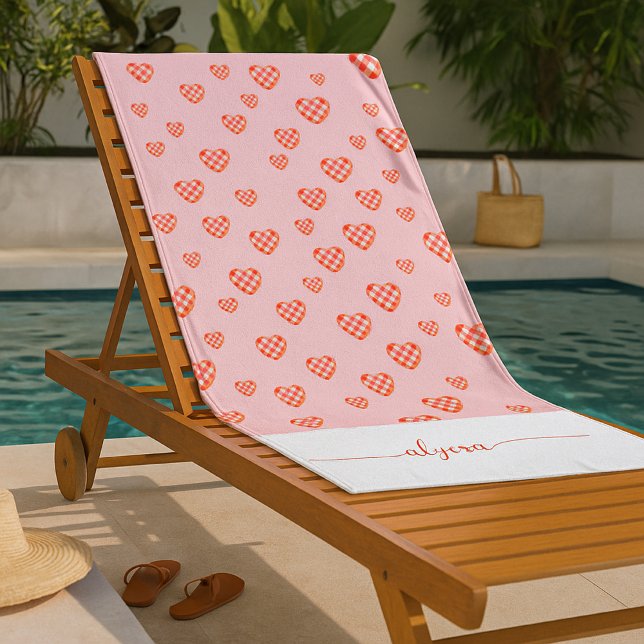 Toalha De Praia Checkered Heart Valentine Conquette Script Name (Criador carregado)