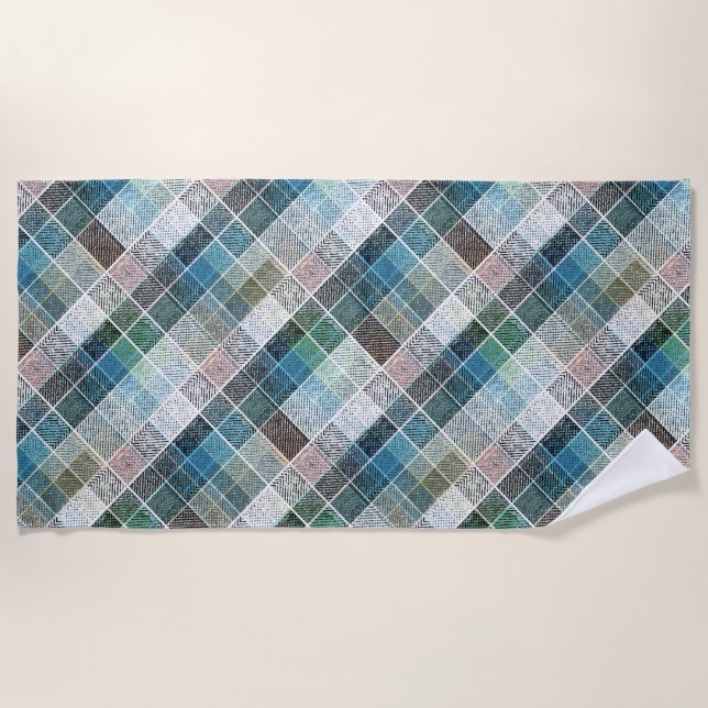 Toalha De Praia checkered, tartan, xadrez, clássico, azul, branco (Frente)