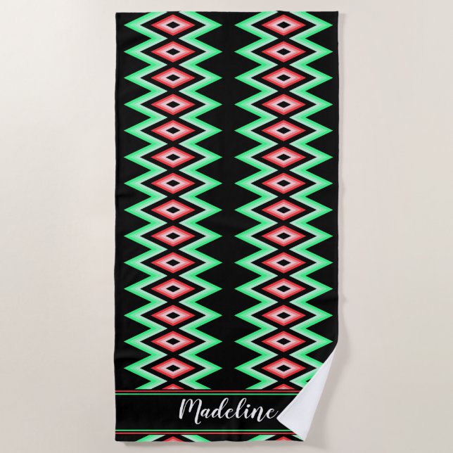 Toalha De Praia Chevron Calliographic Name Red Green Tropical Beac (Frente)
