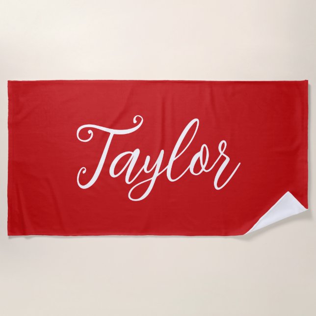 Toalha De Praia Chic Bright Red Custom Handwritten Script (Frente)