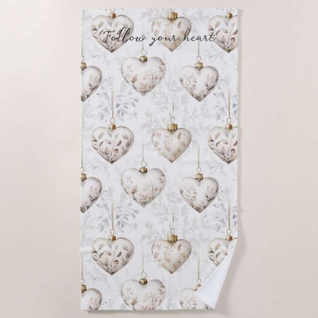 Toalha De Praia Chic Cream Grey Hearts Ornaments   (Frente)