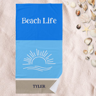 Toalha De Praia Chic Name Tan and Light Blue Strike Sea
