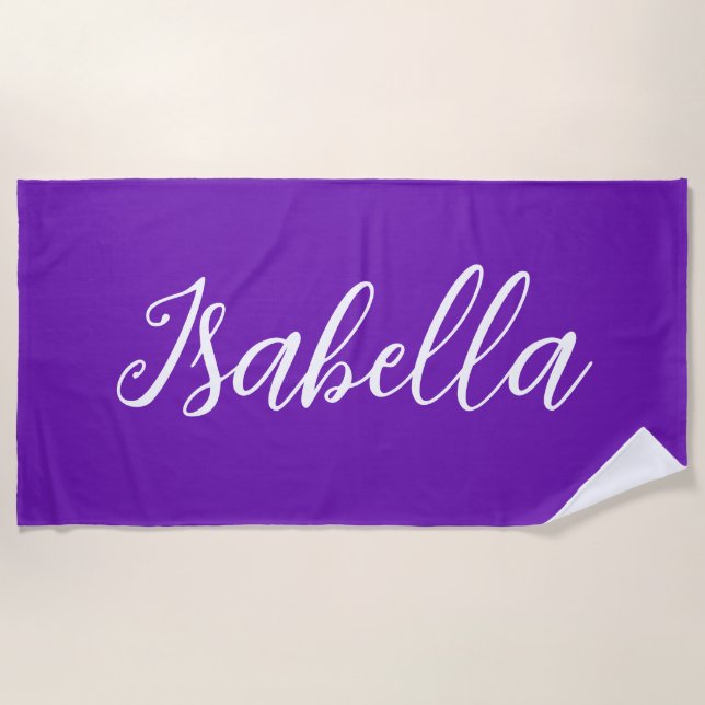 Toalha De Praia Chic Purple Personalized Name Handwritten Script (Frente)