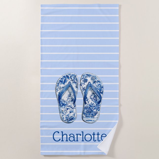 Toalha De Praia Chinelos de Dedos Azul e Branco com Estilo Chinesi (Frente)