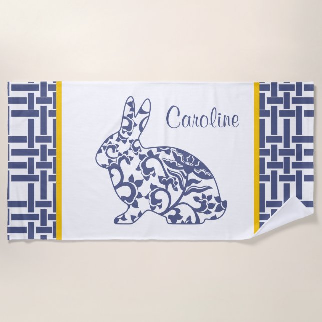 Toalha De Praia Chinoiserie Bunny Rabbit Personalizado Beach Towel (Frente)