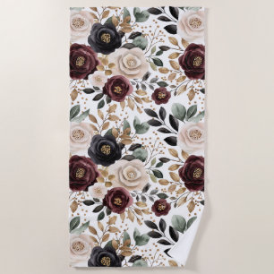 Toalha De Praia Chique Floral Creme Burgundy
