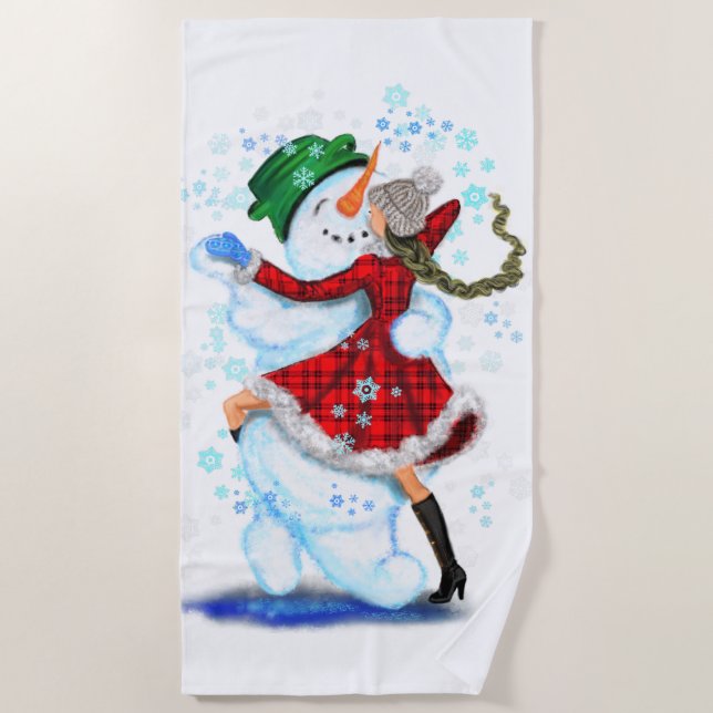 Toalha De Praia Christmas Beach Towel Snowman e Girl Dancing (Frente)