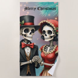 Toalha De Praia Christmas Bone Romance, A festive skeleton couple.