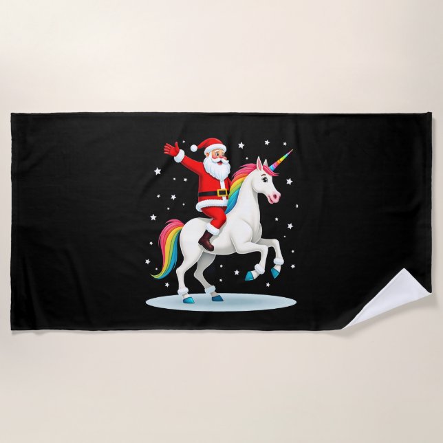 Toalha De Praia Christmas Santa Riding Unicorn Xmas Girls Women Ra (Frente)