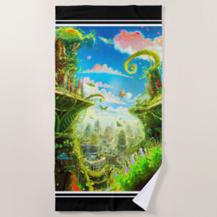 Toalha De Praia Cidade Colorida Futurística, Arte Gerada por AI