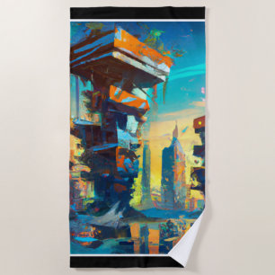 Toalha De Praia Cidade distópica futurística, pintura gerada por A