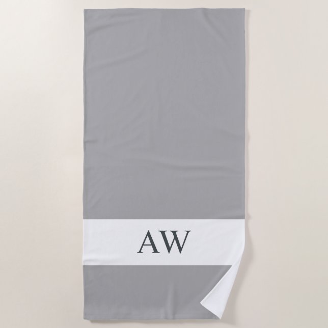 Toalha De Praia Cinza Chic Monograma Branco (Frente)