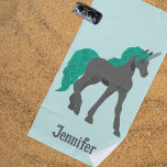 Toalha De Praia Cinza e Teal Unicórnio Personalizado<br><div class="desc">Apresenta uma ilustração unicórnio num estilo realista. O unicórnio é uma cinza escura de carvão com um homem verde e cauda. Há um ponto para adicionar um nome ou outro texto em letras de cinza.</div>