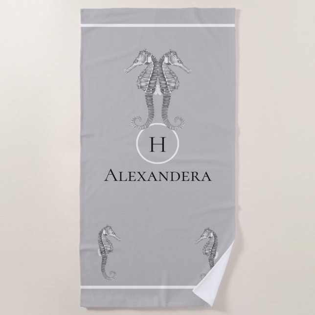 Toalha De Praia Cinza Marinha Náutica Moderna (Frente)