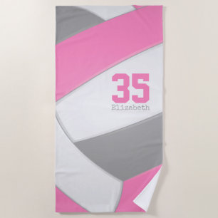Toalha De Praia cinza rosa e vôlei branca personalizadas