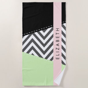 Toalha De Praia Cinza Zigzag, Cinza Chevron, Mint, Seu Nome