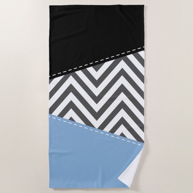 Toalha De Praia Cinza Zigzag, Cinza Chevron, Zigzag Patterno, Azul (Frente)