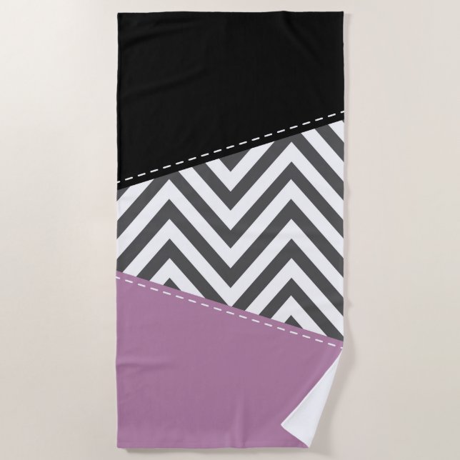 Toalha De Praia Cinza Zigzag, Cinza Chevron, Zigzag Patterno, Roxo (Frente)