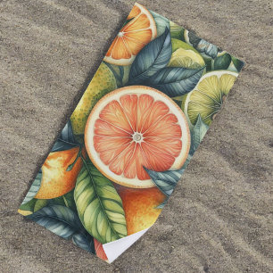 Toalha De Praia Citrus Whimsical Watercolor Fruta e Floral