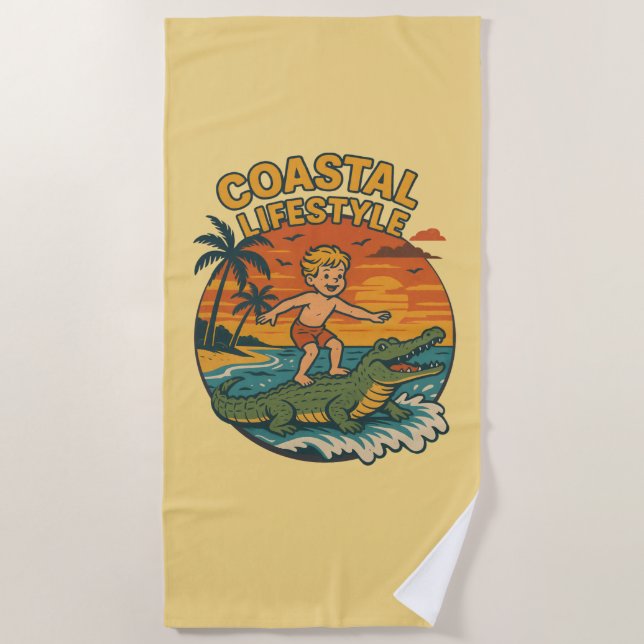 Toalha De Praia Coastal Lifestyle Gator Surfing - Retro Surf Beach (Frente)