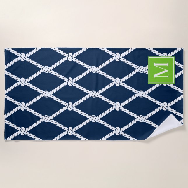 Toalha De Praia Coastal Preppy Nautical Monogram  – Navy & Lime (Frente)