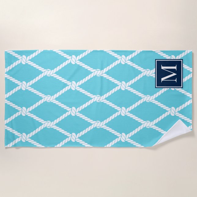 Toalha De Praia Coastal Preppy Nautical Monogram  – Turq & Navy (Frente)