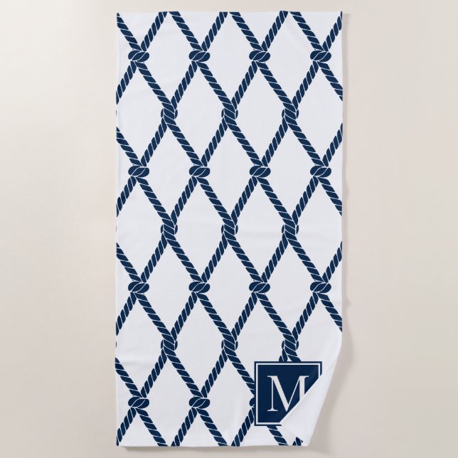 Toalha De Praia Coastal Preppy Nautical Monogram – White & Navy (Frente)