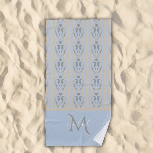 Toalha De Praia Coastal Seahorse Cameo Blue Cream Strip Monogram  (Criador carregado)