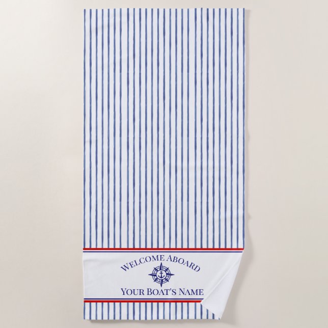 Toalha De Praia Coastal Stripe Monogram Boat Name Design (Frente)