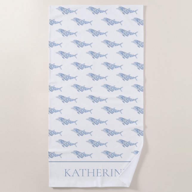 Toalha De Praia Coastal Watercolor Blue Polka Dot Dolphin (Frente)