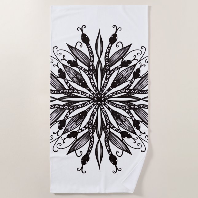 Toalha De Praia Cobra Gothic Mandala Tatuagem Preta E Branca (Frente)
