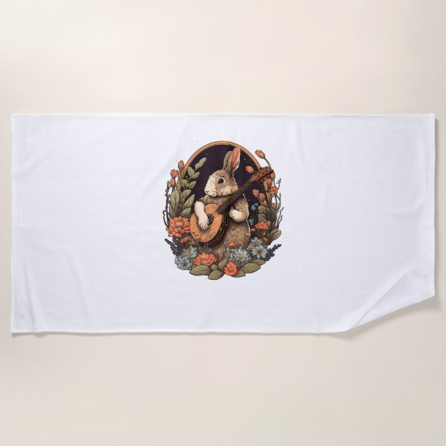 Toalha De Praia Coelhinho Engraçado Tocando Banjo Guitarra Coelho  (Frente)