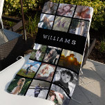 Toalha De Praia Colagem de Fotografias de Nome Personalizado da Fa<br><div class="desc">Mostra quinze fotos favoritas ou memórias de férias nesta toalha personalizada de praia, impressa exclusivamente, com um layout engradado e fotos quadradas em um fundo preto nítido. Perfeito para seus instantâneos do Instagram, a toalha apresenta 15 modelos de fotos com seu nome de família ou opção de personalização em caracteres...</div>