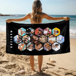 Toalha De Praia Colagem de Fotografias Múltiplas Simples Personali<br><div class="desc">Colagem de Fotografias Múltiplas Simples Nome Personalizado Hexagon Pattern Custom Beach Towel apresenta uma colagem fotográfica das suas fotografias favoritas em forma de hexágono. Personalizado com seu nome na base. Perfeito para o aniversário, Natal, Dia de as mães, Dia de os pais, Avós, irmão, irmã, melhor amigo e muito mais....</div>