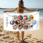 Toalha De Praia Colagem de Fotografias Múltiplas Simples Personali<br><div class="desc">Colagem de Fotografias Múltiplas Simples Nome Personalizado Hexagon Pattern Custom Beach Towel apresenta uma colagem fotográfica das suas fotografias favoritas em forma de hexágono. Personalizado com seu nome na base. Perfeito para o aniversário, Natal, Dia de as mães, Dia de os pais, Avós, irmão, irmã, melhor amigo e muito mais....</div>